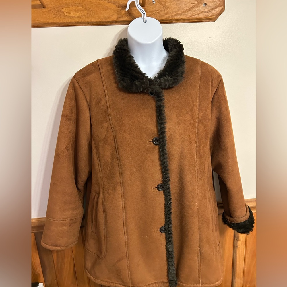 Women's Brown Faux Fur Trim Coat   Size 18